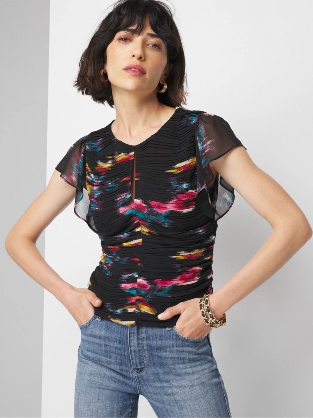 White House black market Keyhole Ruched Front Shell Top SZ L multi Color
